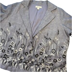 Coldwater Creek Jacket Womens Blue Embroidered 100% Linen Lined Pockets Snap